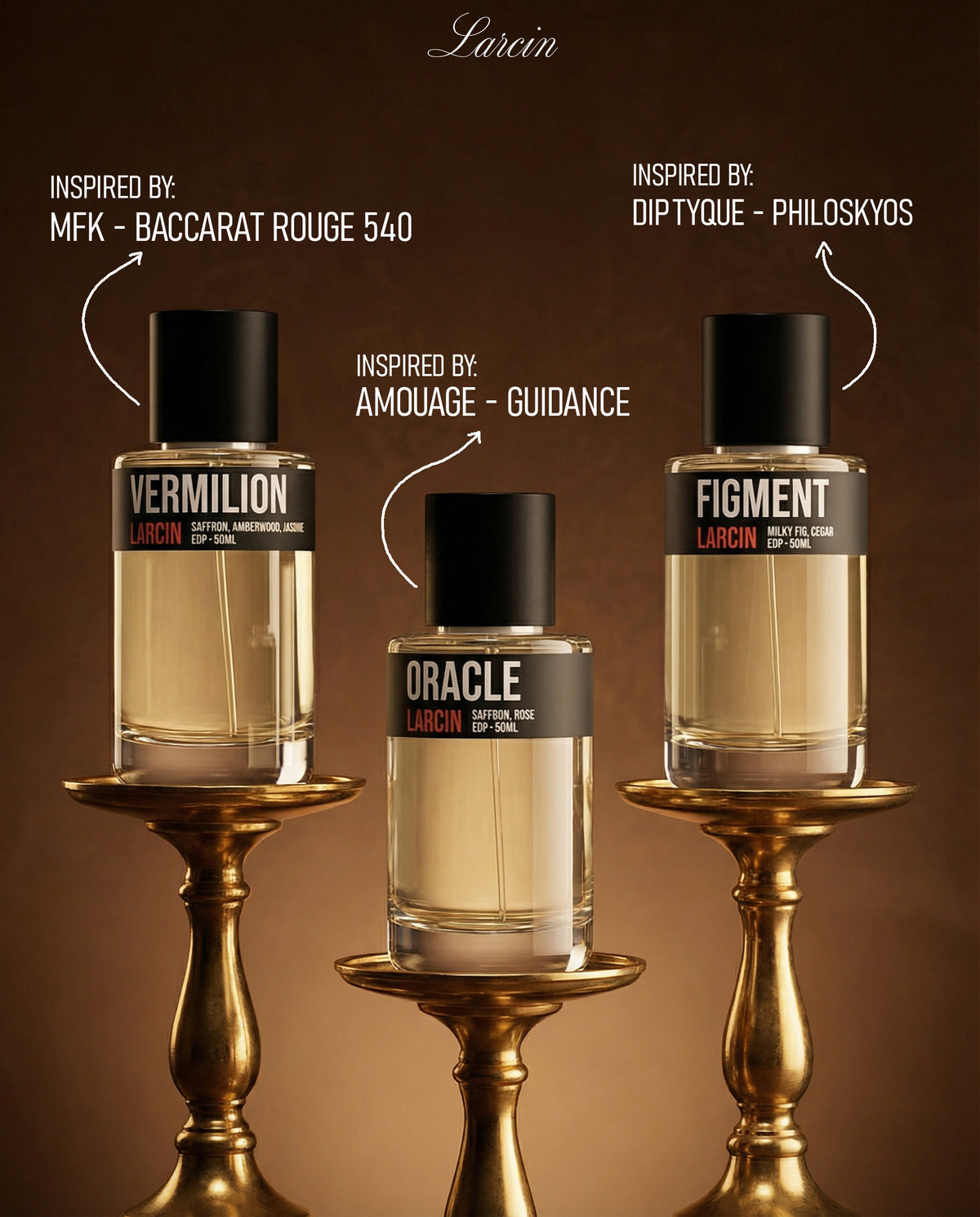 Larcin Vermilion, Oracle and Figment perfumes, inspired by Baccarat Rouge 540, Amouage Guidance and Diptyque Philosykos