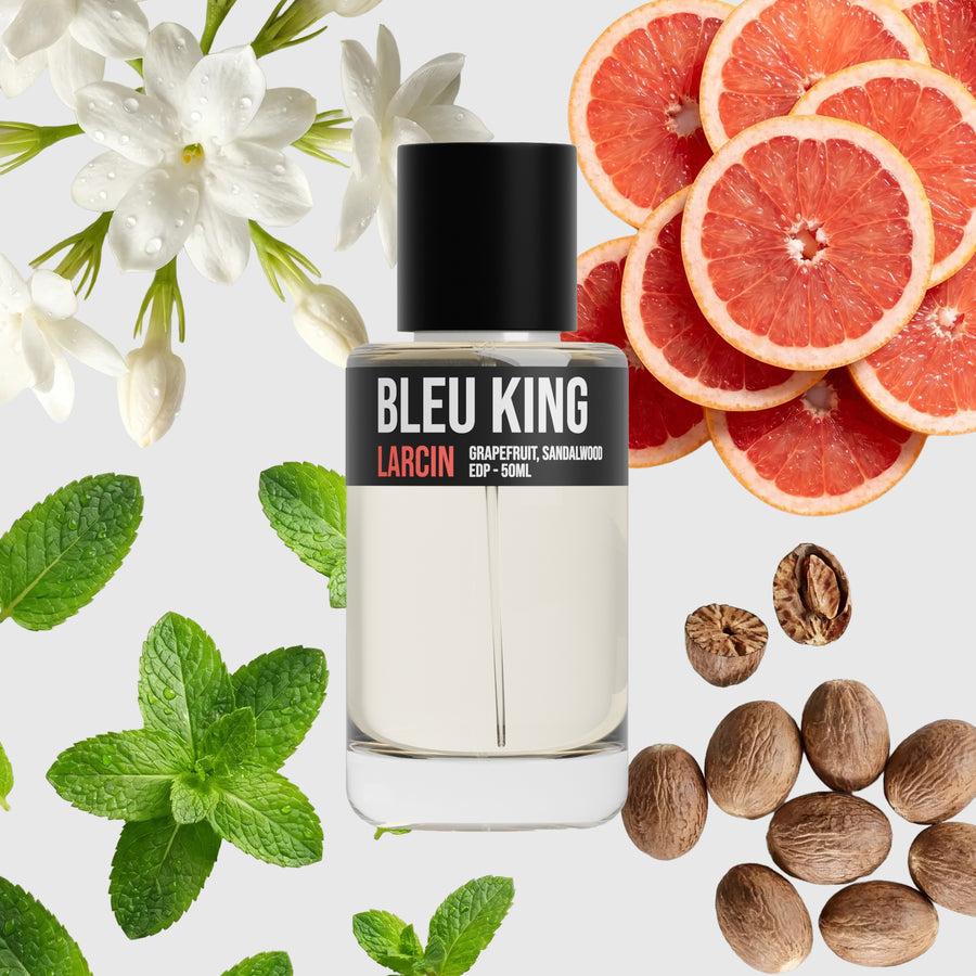 Bleu King scent notes — citrus, aromatic woods, incense, dry amber, inspired by Bleu de Chanel – Larcin