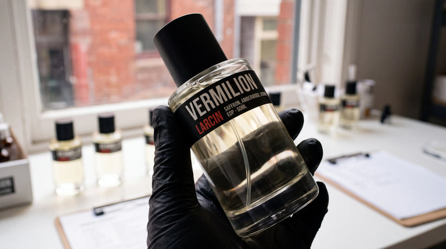 A hand wearing a black glove holds a clear glass bottle of Vermilion Larcin Eau de Parfum with a black cap. The background shows a blurred workspace with other perfume bottles on a white table near a window.