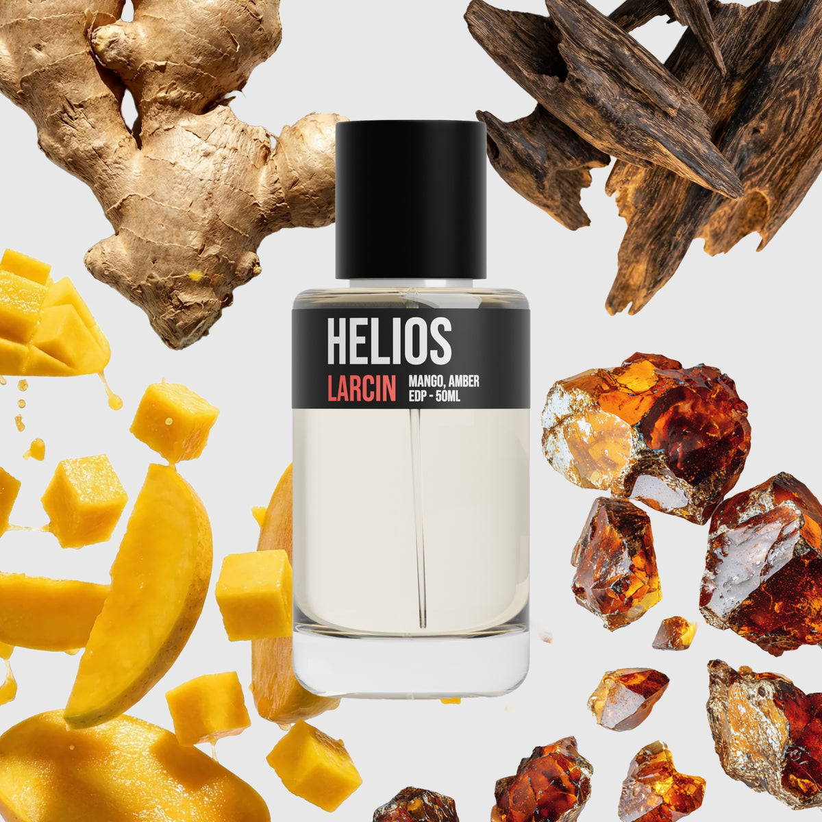Helios scent notes — mango, citrus, warm spice, amber, resinous woods, inspired by Stéphane Humbert Lucas God of Fire – Larcin