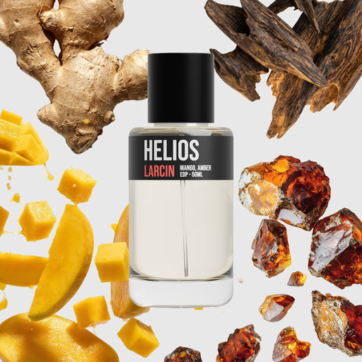 Helios scent notes — mango, citrus, warm spice, amber, resinous woods, inspired by Stéphane Humbert Lucas God of Fire – Larcin