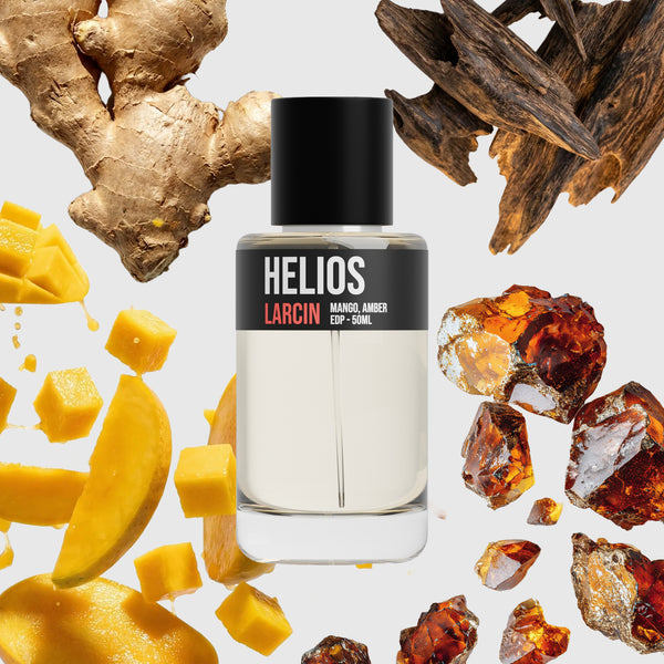 Helios scent notes — mango, citrus, warm spice, amber, resinous woods, inspired by Stéphane Humbert Lucas God of Fire – Larcin