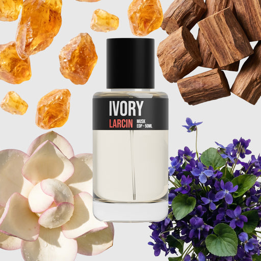 Ivory scent notes — ambrette, violet, magnolia, sandalwood, cedar, musk, inspired by Byredo Mojave Ghost – Larcin