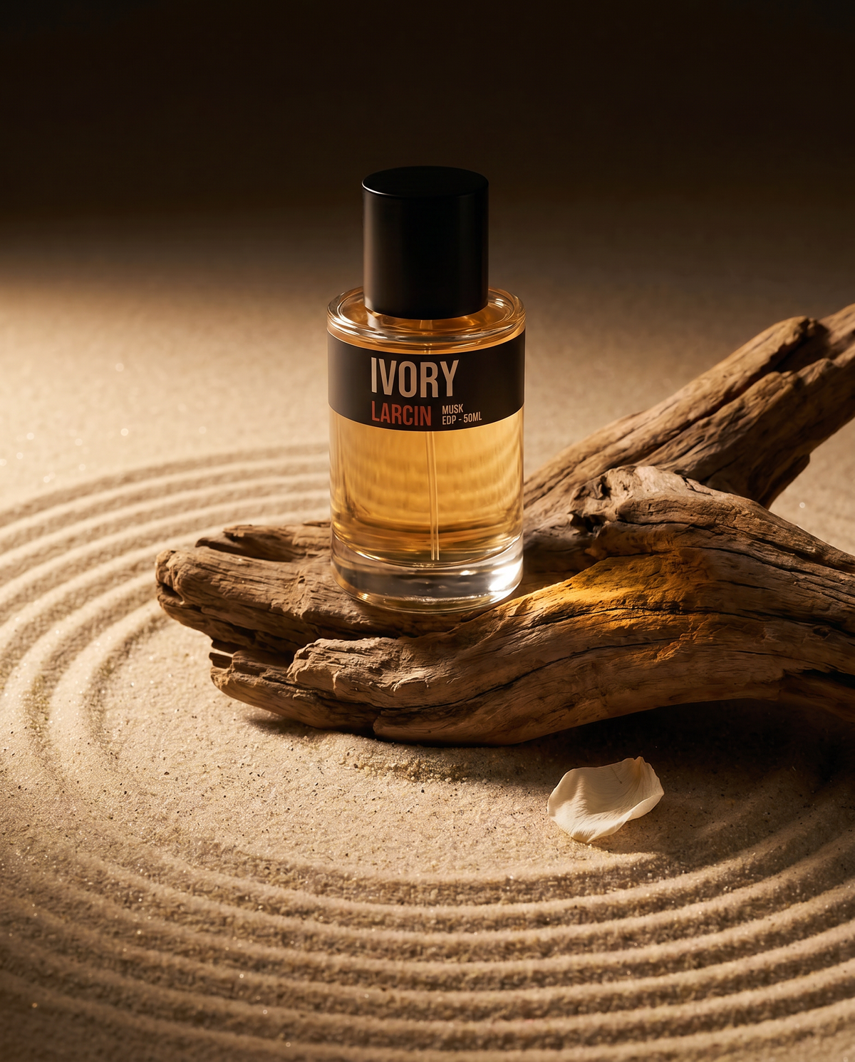 Larcin Ivory 50ml musk perfume on driftwood in raked sand
