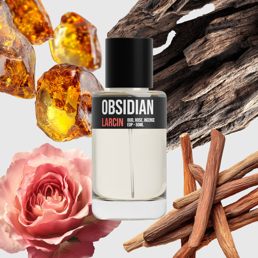 Obsidian scent notes — saffron, smoky oud, rose, amber, leather, inspired by Louis Vuitton Ombre Nomade – Larcin