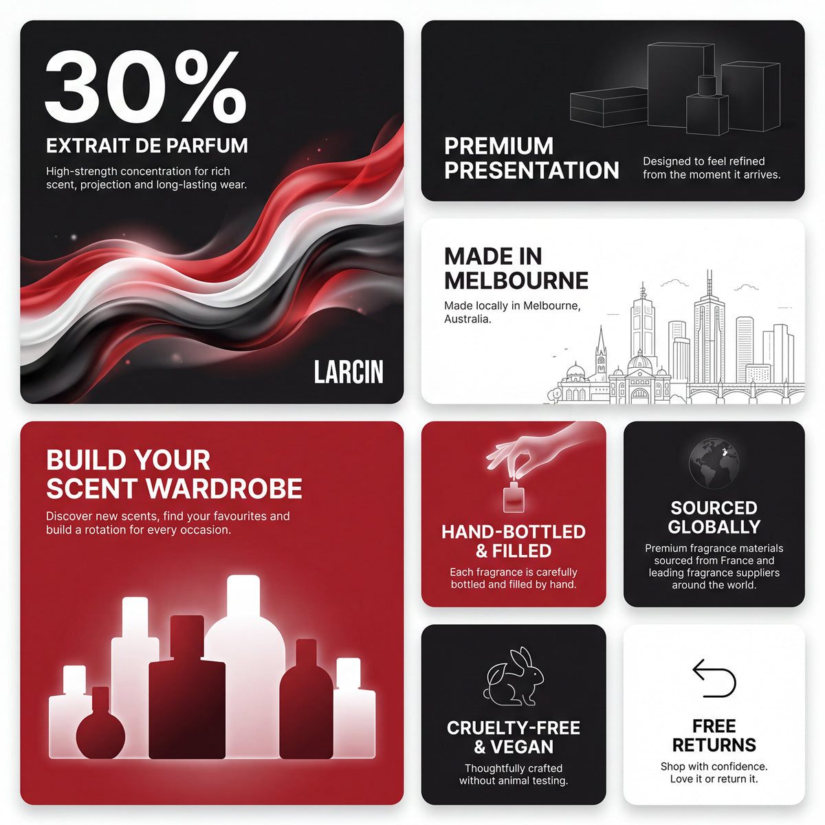 A 2x3 grid of six marketing panels for Larcin perfume, featuring black, white, and red designs with text such as '30% Extrait de Parfum', 'Premium Presentation', 'Made in Melbourne', 'Build Your Scent Wardrobe', 'Hand-Bottled & Filled', and 'Cruelty-Free & Vegan'.