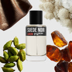 Suede Noir scent notes — black leather, cardamom, patchouli, ambered woods — Larcin