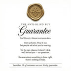 Gold wax seal with text about the 'Anti-Blind Buy Guarantee' on a white background