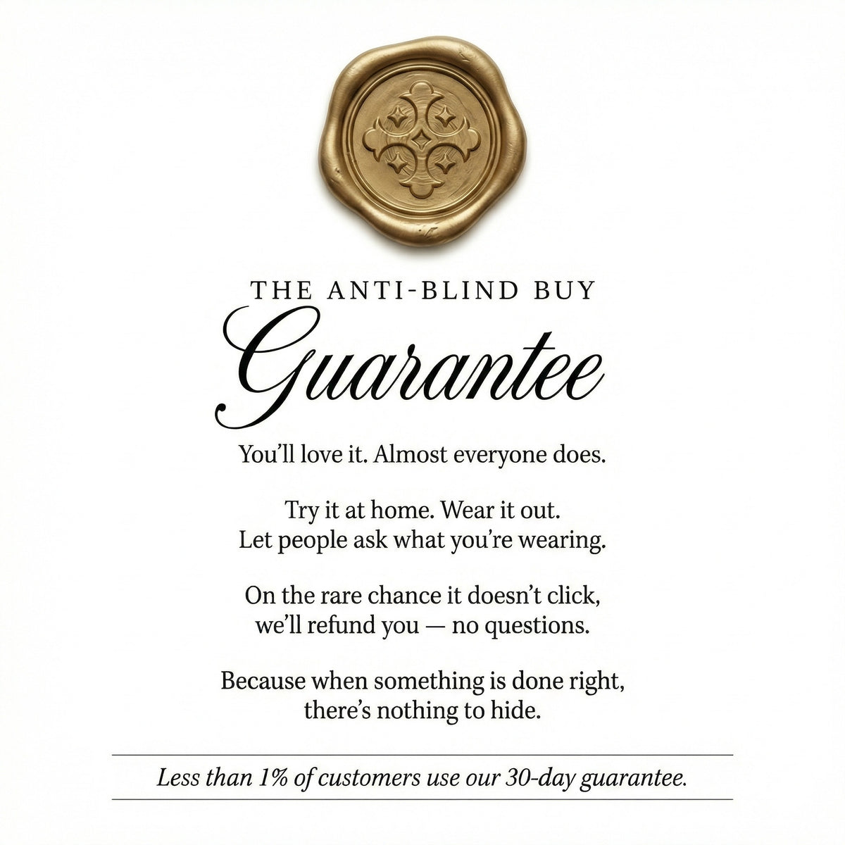 Gold wax seal with text about the 'Anti-Blind Buy Guarantee' on a white background
