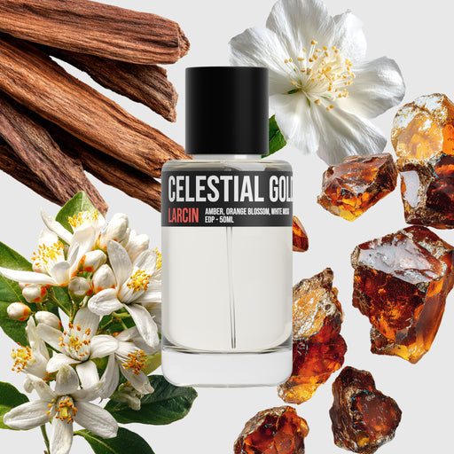Celestial Gold scent notes — orange blossom, amber, musk, inspired by Louis Vuitton Stellar Times – Larcin