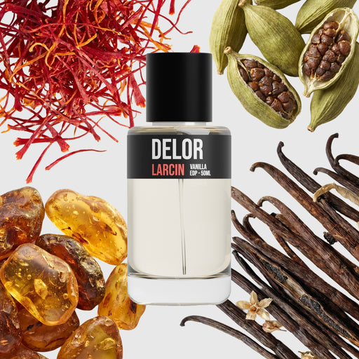 Delor scent notes — vanilla, pink pepper, cardamom, pale woods, inspired by Diptyque Eau Duelle – Larcin