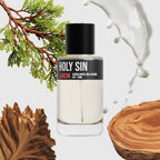 Holy Sin scent notes — creamy sandalwood, soft spice, incense, amber, musk — Larcin