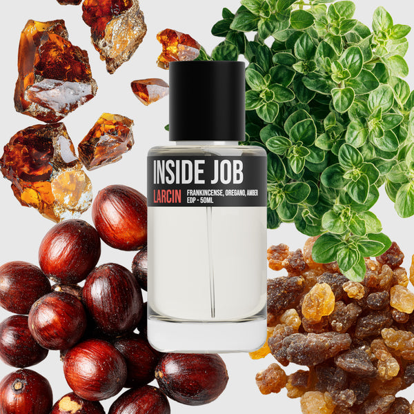 Inside Job scent notes — bergamot, myrrh, incense, amber, leather, inspired by Amouage Interlude Man – Larcin