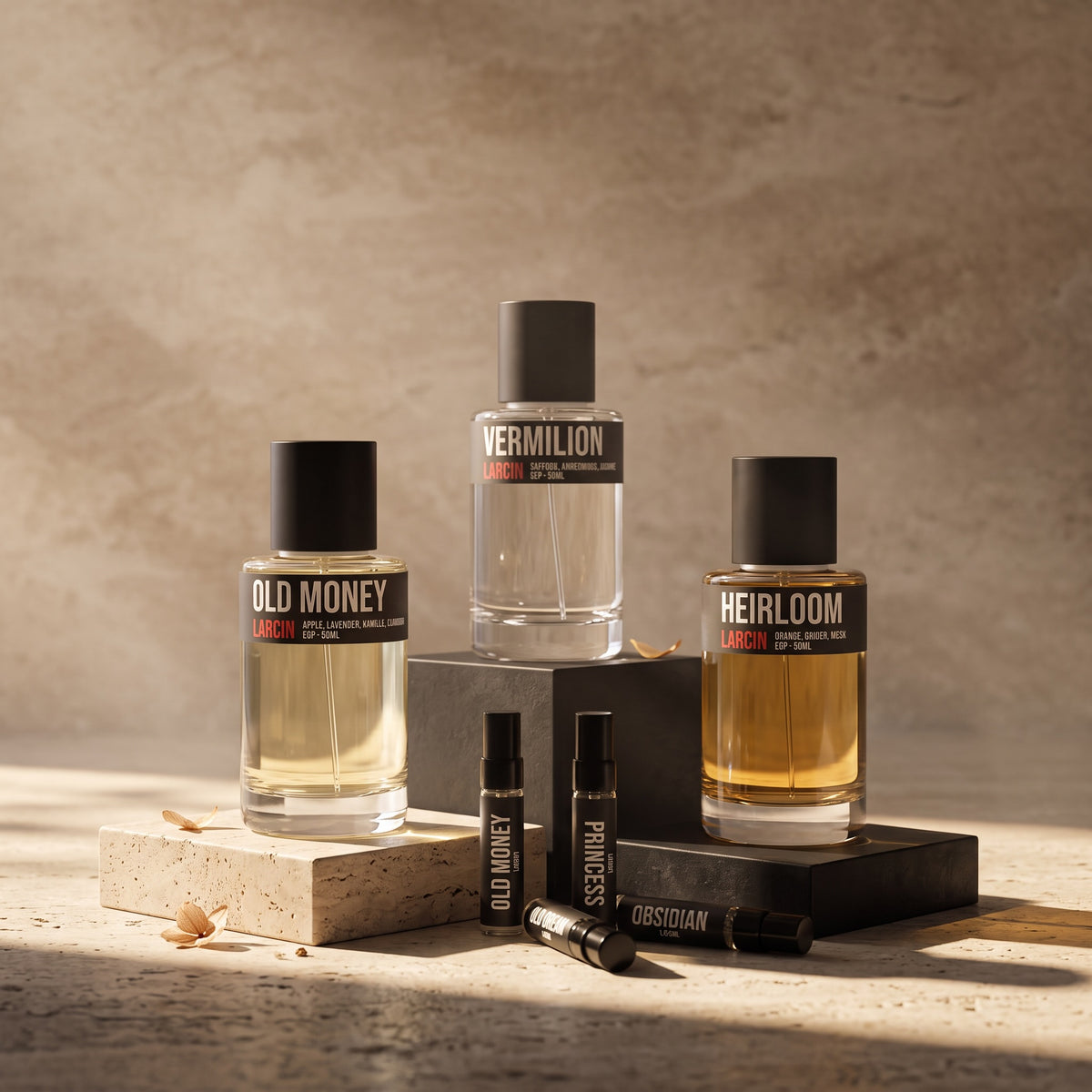 Larcin fragrance wardrobe with full-size bottles and discovery fragrances
