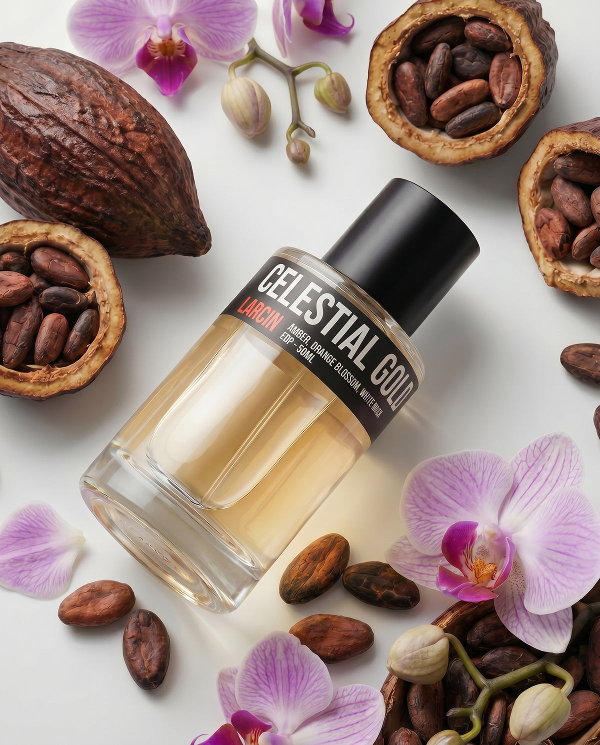 Larcin Celestial Gold 50ml perfume with cacao pods and pink orchids