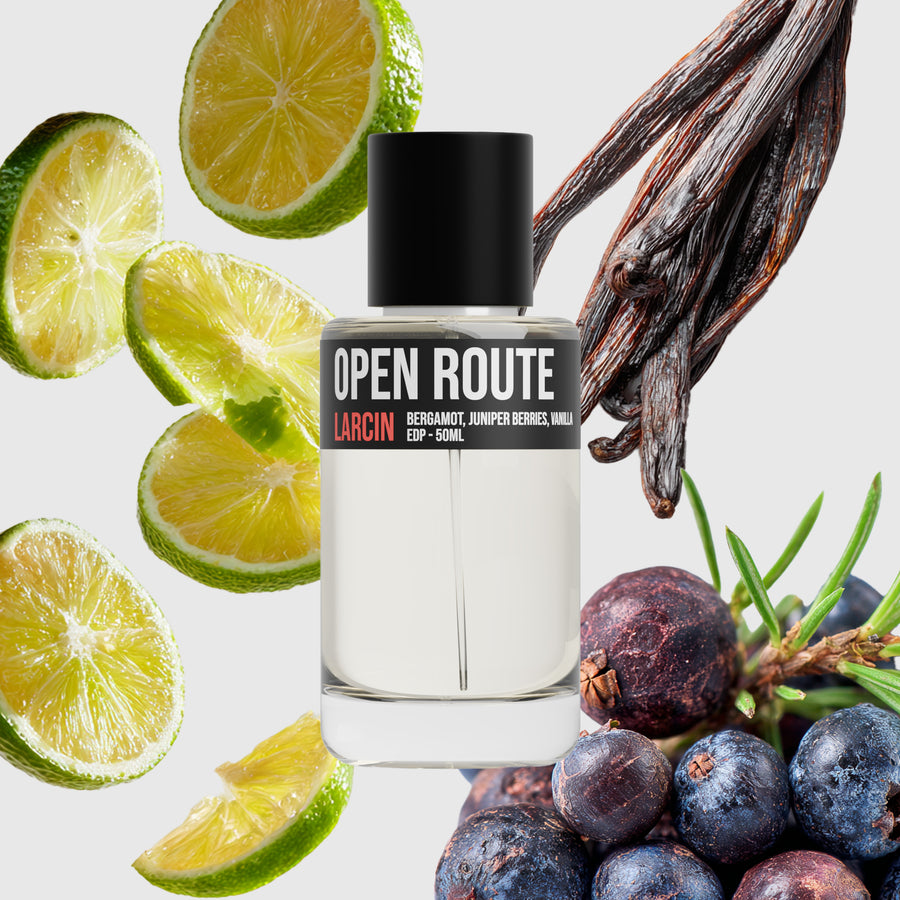 Open Route scent notes — lemon, bergamot, pine, juniper, sandalwood, inspired by Byredo Gypsy Water – Larcin