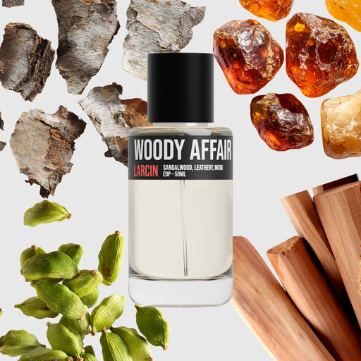 Woody Affair scent notes — sandalwood, leather, dry spice, soft musk, inspired by Le Labo Santal 33 – Larcin